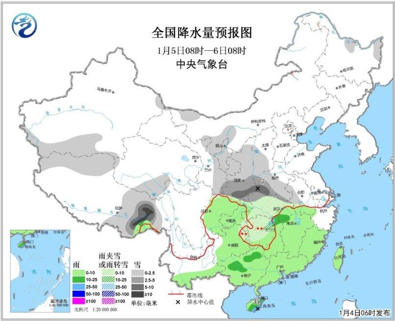 图3 全国降水量预报图(1月5日08时-6日08时)