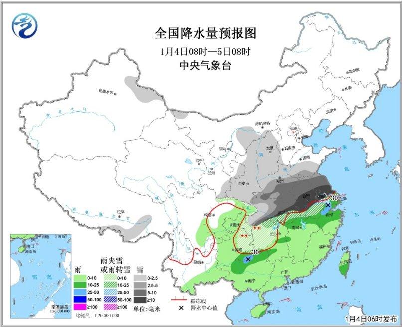 图2 全国降水量预报图(1月4日08时-5日08时)
