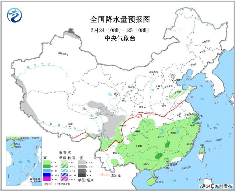 全国降水量预报图(24日08时-25日08时)