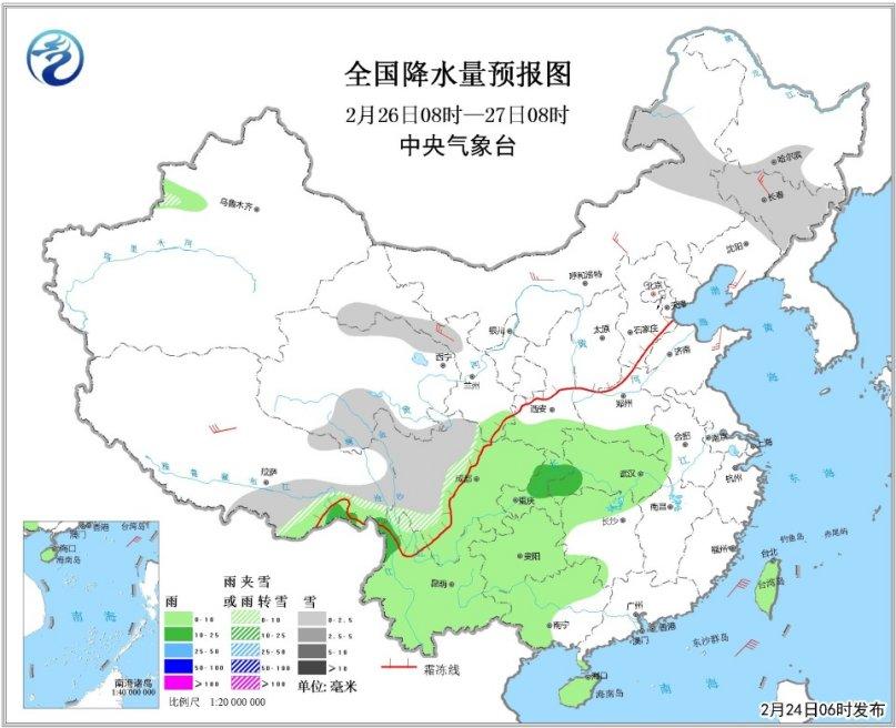 全国降水量预报图（26日08时-27日08时）