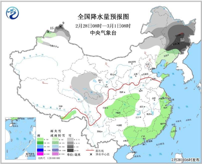 全国降水量预报图(2月28日08时-3月1日08时)