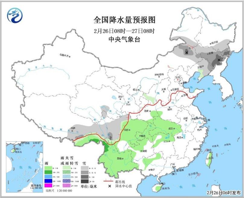 图2 全国降水量预报图(26日08时-27日08时)