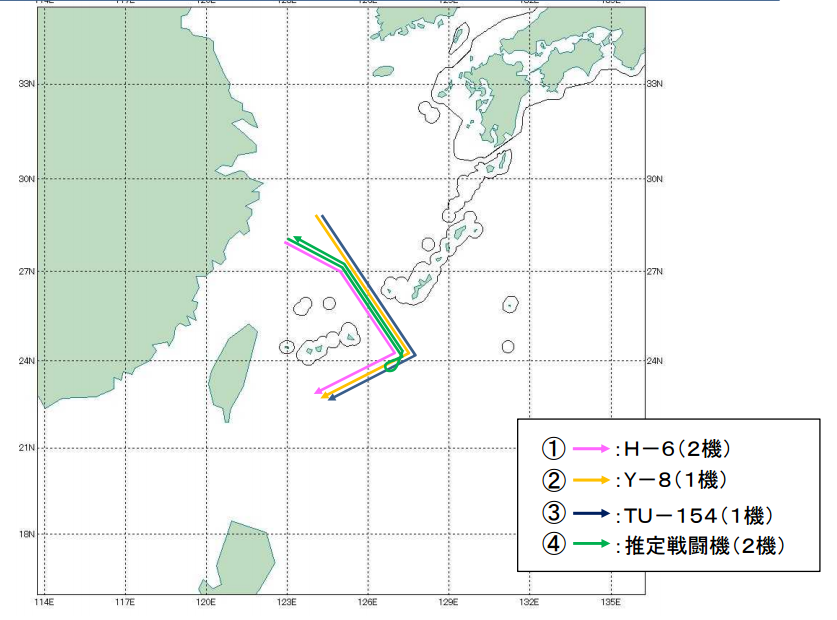 图为日本防卫省发布的中国军机飞行路线图