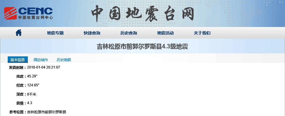 快讯:吉林省松原市发生4.3级地震 震源深度8千