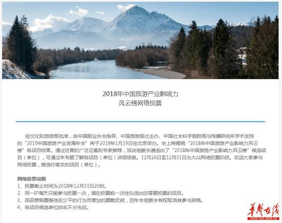 “2018年中国旅游产业影响力风云榜”网络投票页面
