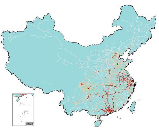 图8 春运期间全国公路网货车交通量热力分布