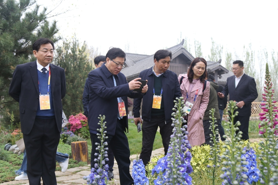 湖南省副省长陈文浩巡视湖南园时看到美景,情不自禁拍照