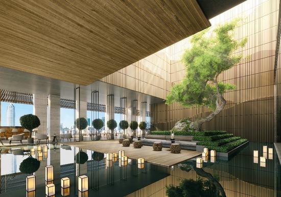 曼谷奈乐安缦壮观的中央中庭,以中空的建筑结构将自然光引进接待区