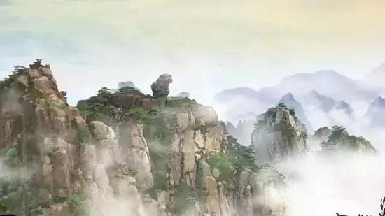 再看猴子观海,石猴独居峰顶,仿佛极目远望,又似纵身跳跃静观云海.