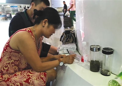 8月18日，北京南站，一名推销一日游的女子为记者填写旅游协议