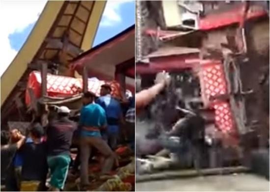 视频：男子抬亡母灵柩上高台 梯子突然断裂男子被母