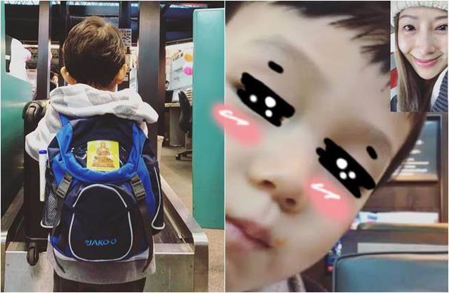 隋棠晒出儿子在机场的背影照，Max背包有一张大大的佛像贴纸，相当吸睛。