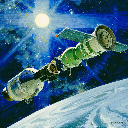 1974年，艺术家罗伯特•麦考尔（Robert McCall）描绘了美国和前苏联宇宙飞船空中对接的情景。