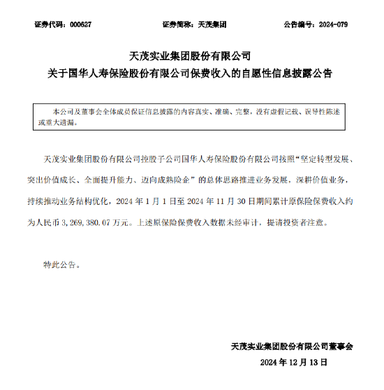 天茂集团:国华人寿1—11月累计原保险保费收入约326.94亿元