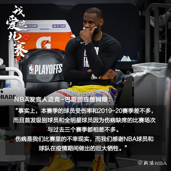 NBA联盟发言人回应詹姆斯：本赛季受伤率不高