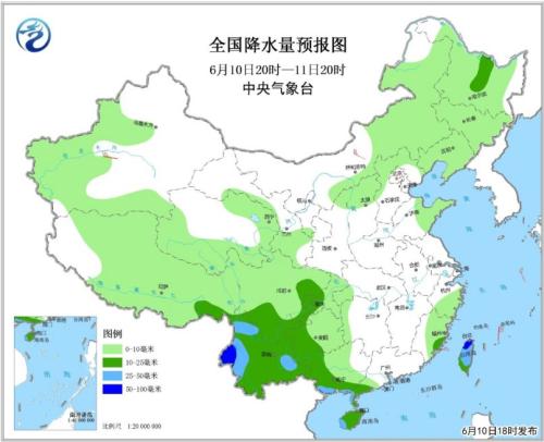 全国降水量预报图(6月10日20时-11日20时)