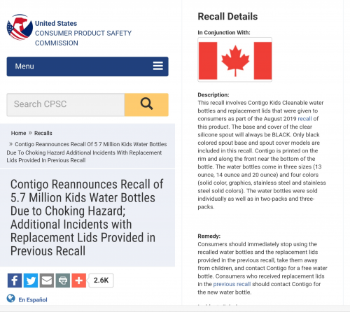 Contigo Reannounces Recall of 5.7 Million Kids Water Bottles Due to Choking  Hazard; Additional Incidents with Replacement Lids Provided in Previous  Recall