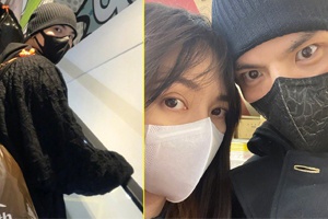 向佐晒照与郭碧婷戴口罩头贴头