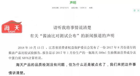 ▲海天味业还在其官网发布声明称“海天产品的品质检测没有问题，但为什么还是被点名了”。