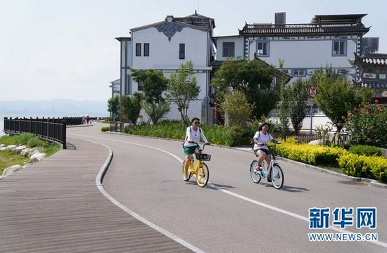 8月4日,游人在大理市洱海生态廊道上骑行。新华社发(梁志强 摄)