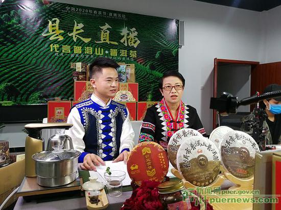 宁洱县人民政府副县长孙颖洁边“带货”边介绍 普洱茶知识 (陶平 摄)