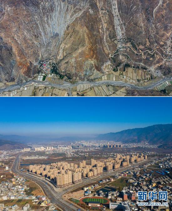 拼版照片,上图为:位于荒山峡谷间的云南省曲靖市会泽县大海乡小江村(2020年3月10日摄,无人机照片);下图为:新建的会泽县以礼街道(2020年12月15日摄,无人机照片)。