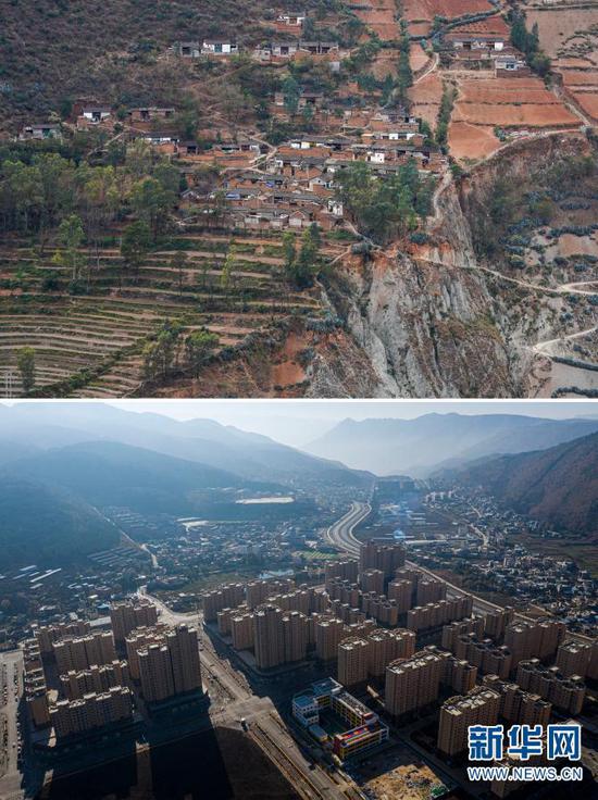 拼版照片,上图:石元顺一家曾经居住的小江村位于一处陡峭的山坡上(2020年3月10日摄,无人机照片);下图:石元顺一家如今居住的会泽县以礼街道(2020年12月15日摄,无人机照片)。