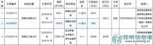 度假区3宗地块交易结果公示截图(图源于昆明市土地和矿业权交易网)