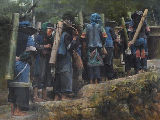 《接圣水》-123x162cm-2018年,获2018年云南省第三届群众文化“彩云奖”
