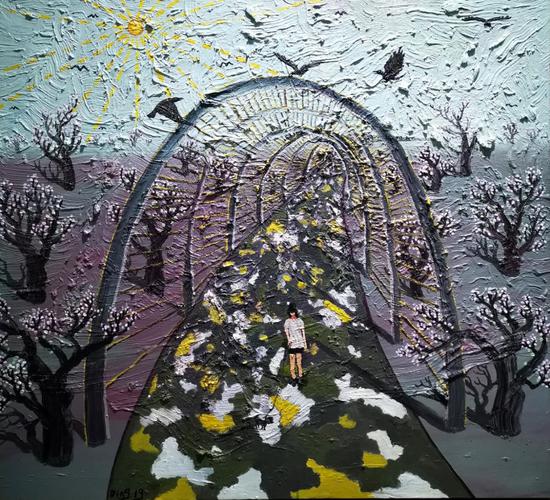 作品名:《遛狗的女孩》,尺寸:100cmx110cm 时间:2019年 ,材料布面油画,作者:丁章玉