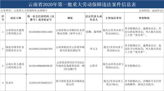 云南省2020年第一批重大劳动保障违法案件信息表
