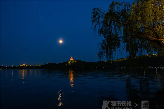 今晚6点多,“超级月亮”在西湖上空升起。首席记者 陈中秋 摄