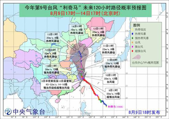 图1 今年第9号台风“利奇马”未来120小时路径概率预报图