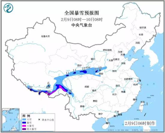 全国暴雪预报图(2月9日08时-10日08时)