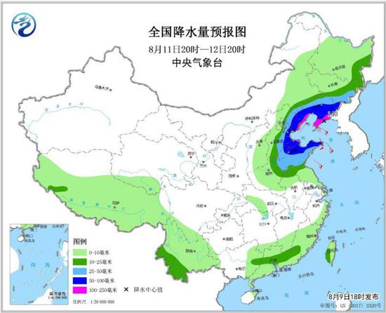 图5 全国降水量预报图(8月11日20时-12日20时)