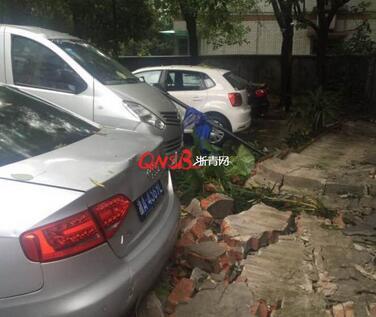 杭州1男子奥迪车被小区围墙砸坏 风把墙吹倒了