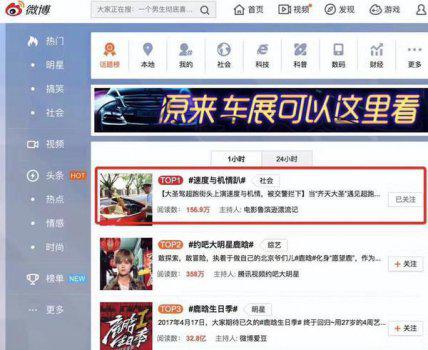 话题#速度与机情趴#登陆热门微博榜首