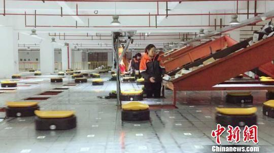 “小黄人”智能分拣机器人在工作 义乌市邮管局提供