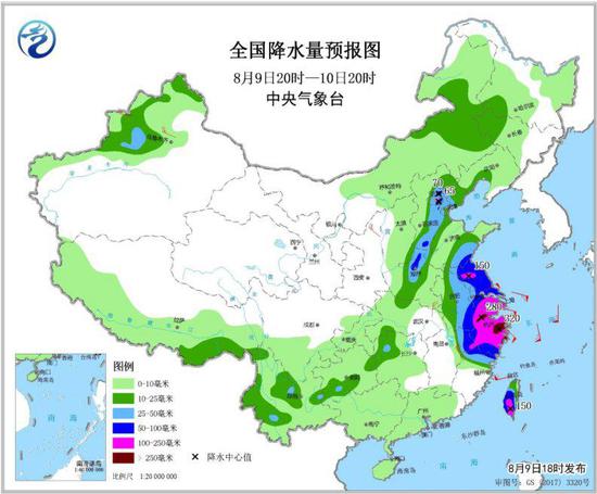 图3 全国降水量预报图(8月9日20时-10日20时)