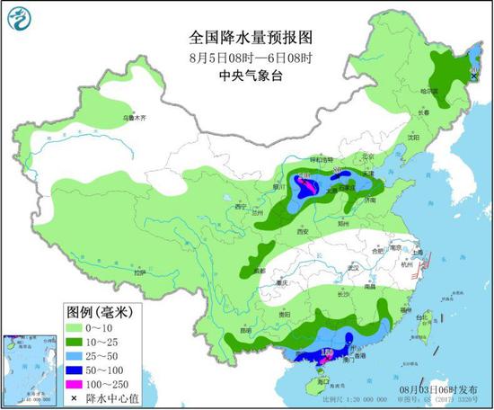 图3 全国降水量预报图(8月5日08时-6日08时)