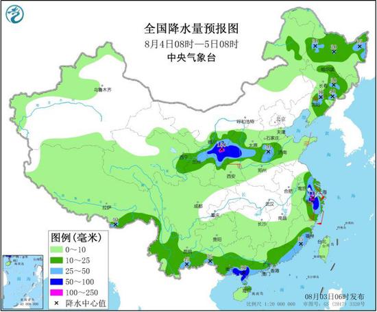 图2 全国降水量预报图(8月4日08时-5日08时)