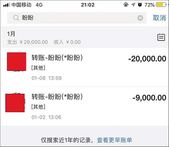 郑女士爱人的支付宝截图,两次转账给岳盼盼29000元。