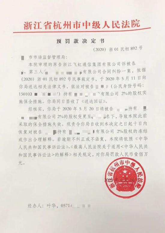 杭州中院预罚款决定书。杭州中院 供图