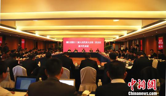 图为浙江省第十三届人民代表大会第二次会议嘉兴代表团全体会议现场。 胡小丽 摄
