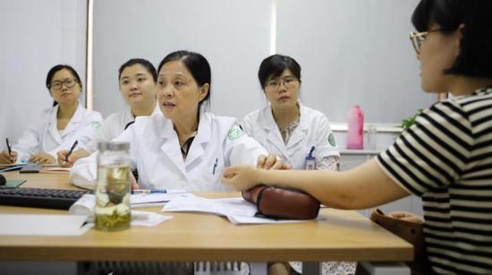 何赛萍教授(左三)在门诊中为妇科疑难病患者诊治