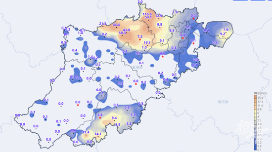 (13日20时至14日20时雨量分布图)