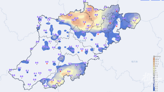 （13日20时至14日20时雨量分布图）