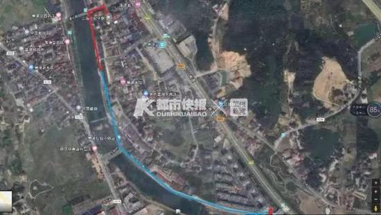 示意图:红色代表男童独自行走路线;蓝色代表热心女子带着男童回家路线。