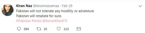 网友@Kiran Naz:巴基斯坦不会容忍任何敌意或冒犯。巴基斯坦一定会报复。