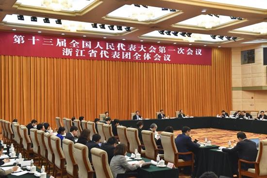 12日上午,浙江代表团举行第七次全体会议,审议全国人大常委会工作报告。浙江在线记者 梁臻 摄
